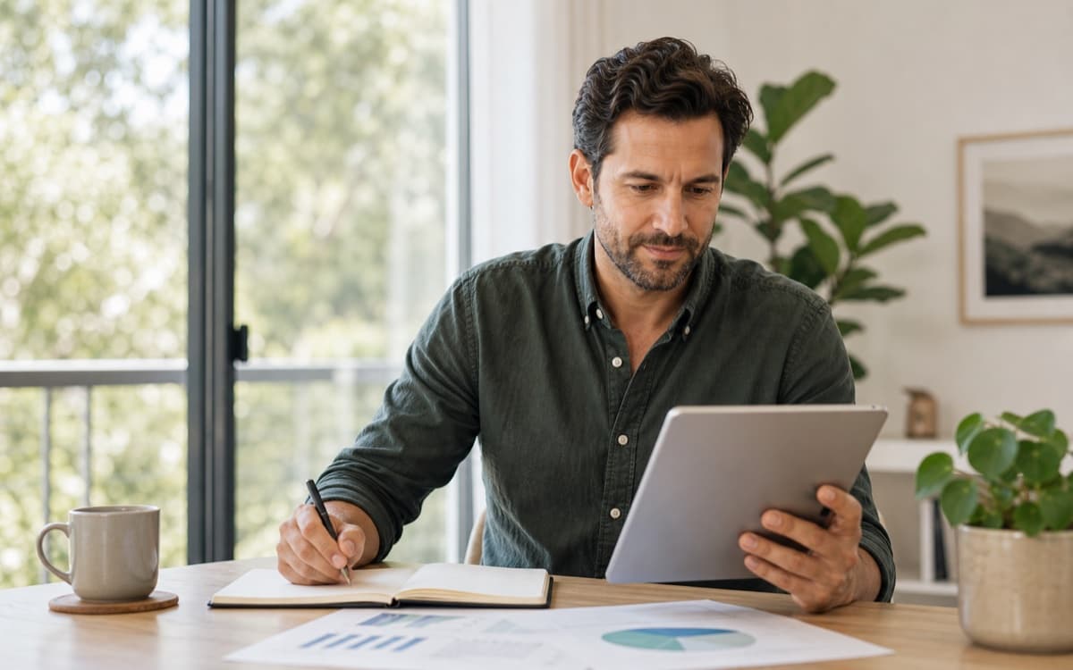 Australian investor reviewing a tablet and portfolio notes